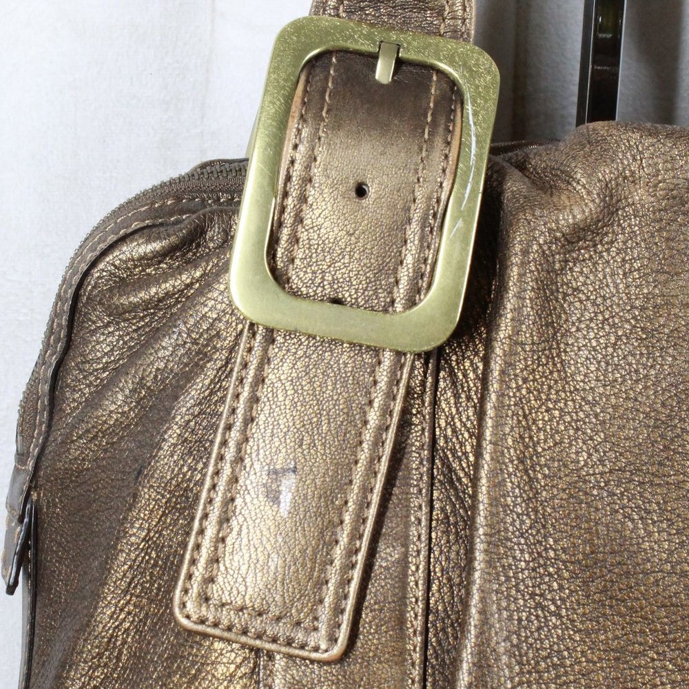 Cole Haan Gold Brown Leather Brass Buckle Double Handles Tote Shoulder Bag - Picture 11 of 12